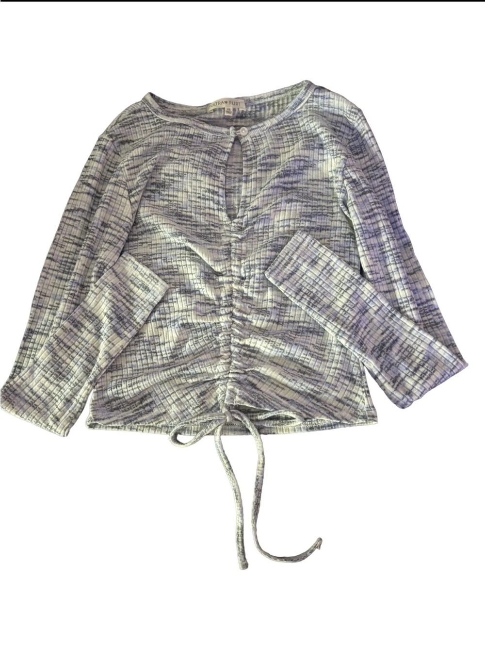 Ultra Flirt Marled Blue Knit Front Ruched Drawstring Keyhole Top XS/S